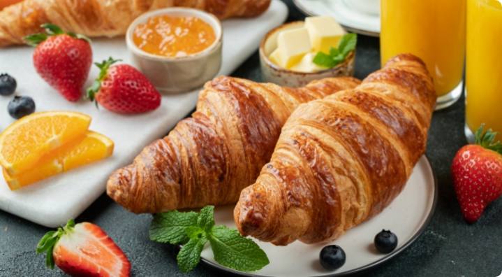 des croissants, des fruits, de la confiture, du jus d'orange disposé sur une table